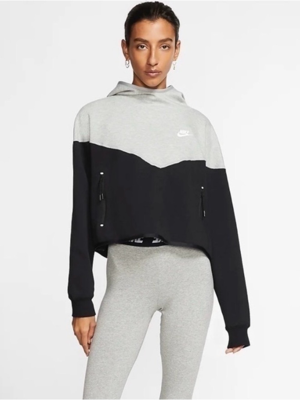 Nike Women's Two-Tone Grey and Black Cropped Hoodie